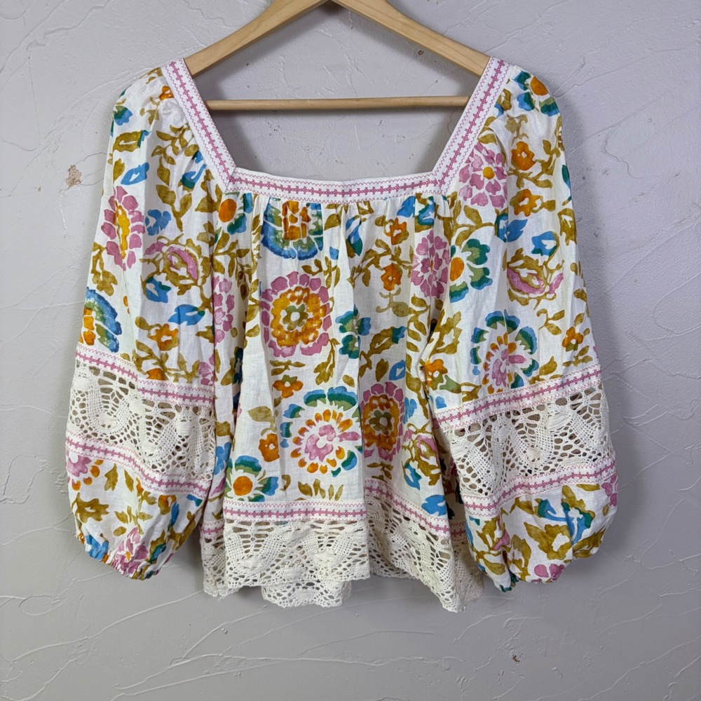 Christian Siriano Floral Crochet Linen Top Women Large Boho Peasant Square Neck - Picture 2 of 14